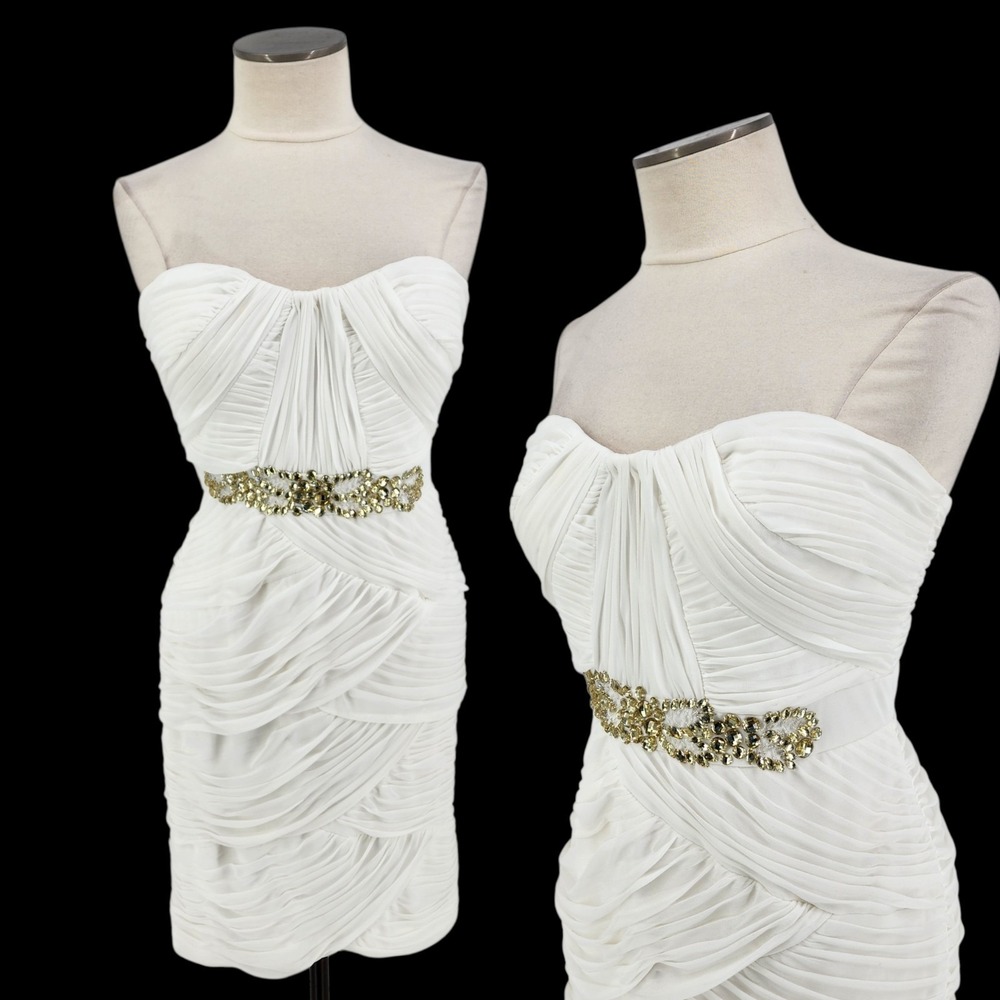 Vintage Cache‎ Cocktail Dress Y2K Sexy Vixen Beaded White Party Strapless Size 8